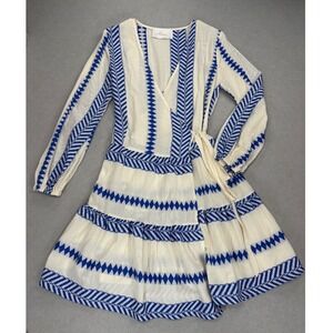 Women's XS Kasia Resort Xryso Wrap‎ Dress blue white 100% cotton Greece boho